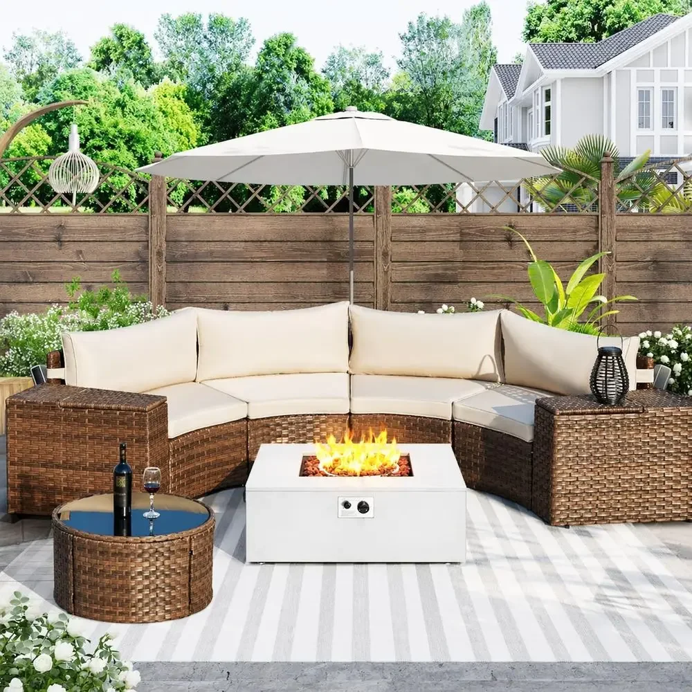 Outdoor Furniture And Fire Pit - Half-Moon Curved 8-Piece Patio Furniture Set
