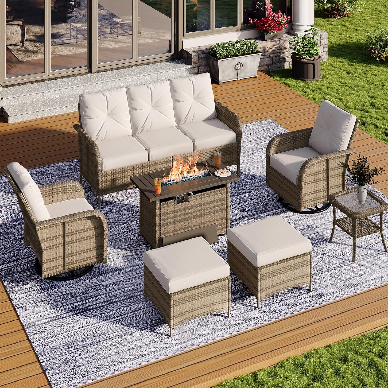 Outdoor Furniture And Fire Pit - 7-Piece Wicker Patio Set with 44