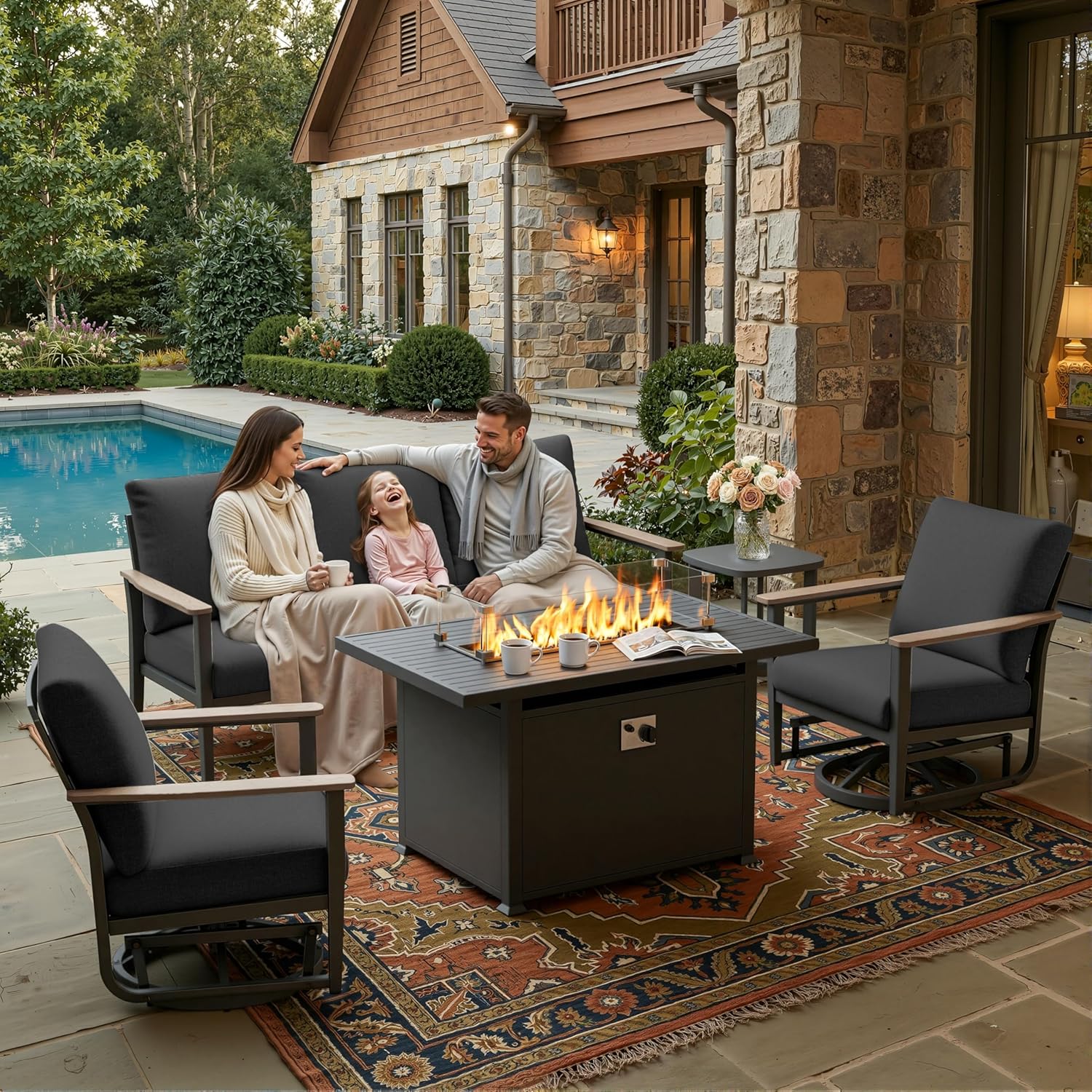 5pc Aluminum Patio Set Swivel  - đánh giá và giá Outdoor Furniture And Fire Pit