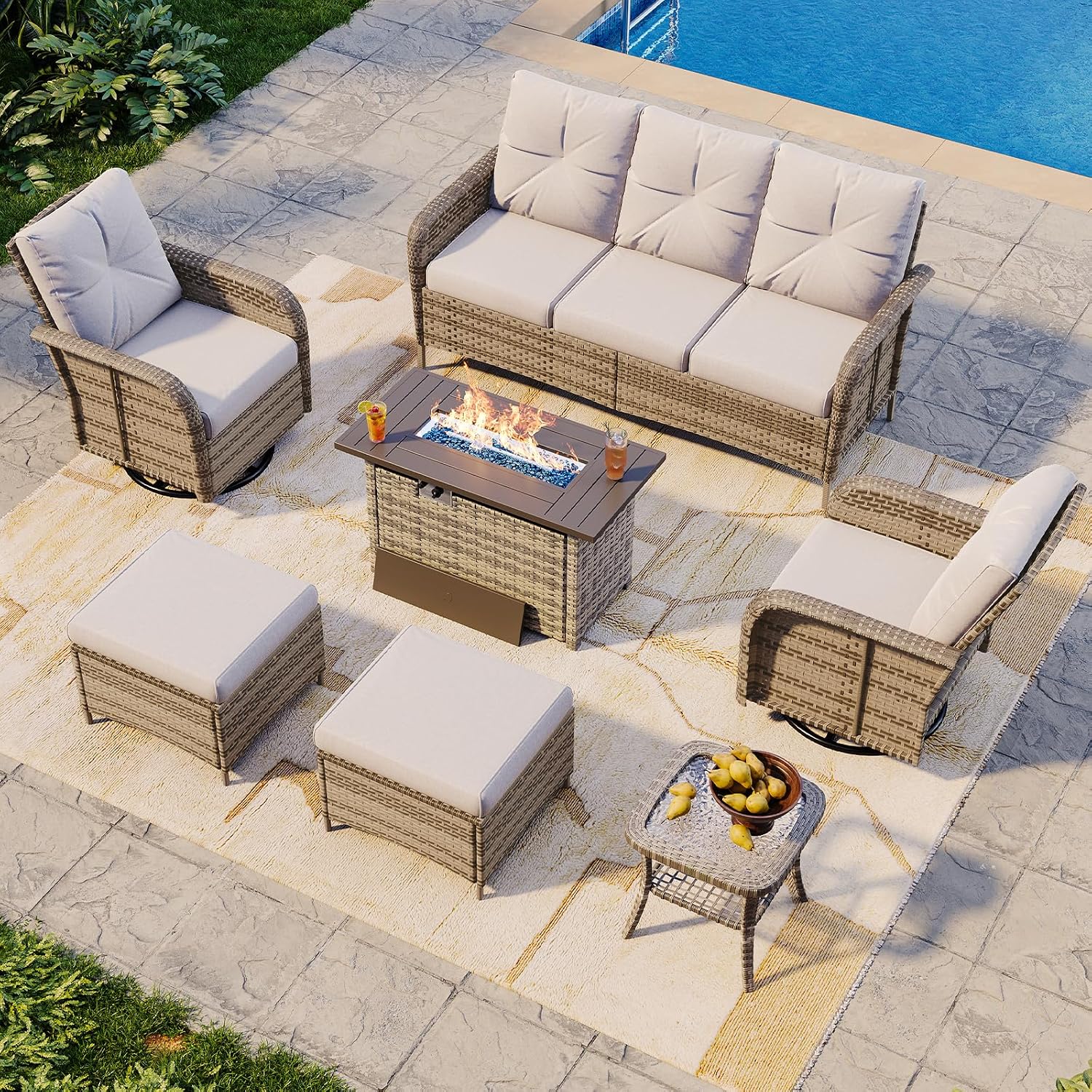 7-Piece Wicker Patio Set with  - đánh giá và giá Outdoor Furniture And Fire Pit